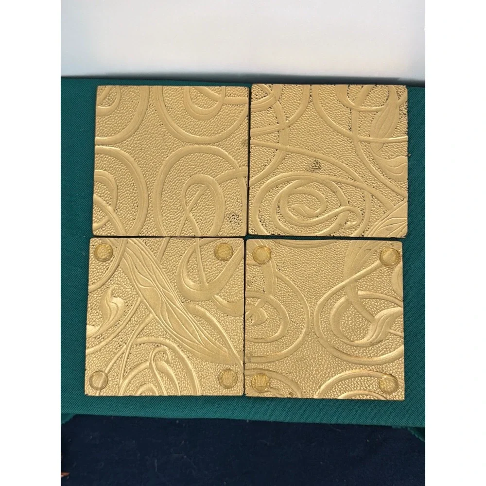 Vintage Gold Tone Art Nouveau Swirl Square Coasters Set of 4 MCM